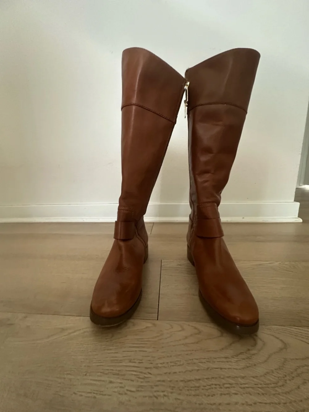 Michael Kors Brown Leather Riding Boots with Gold MK Emblem - Picture 9 of 10